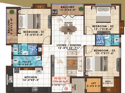 3BHK + 3T 1650 Sq.ft. floor plan
