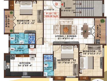 3BHK + 3T 1704 Sq.ft. floor plan